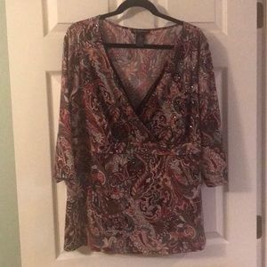 INC blouse w/faux wrapfront & iridescent sparkles